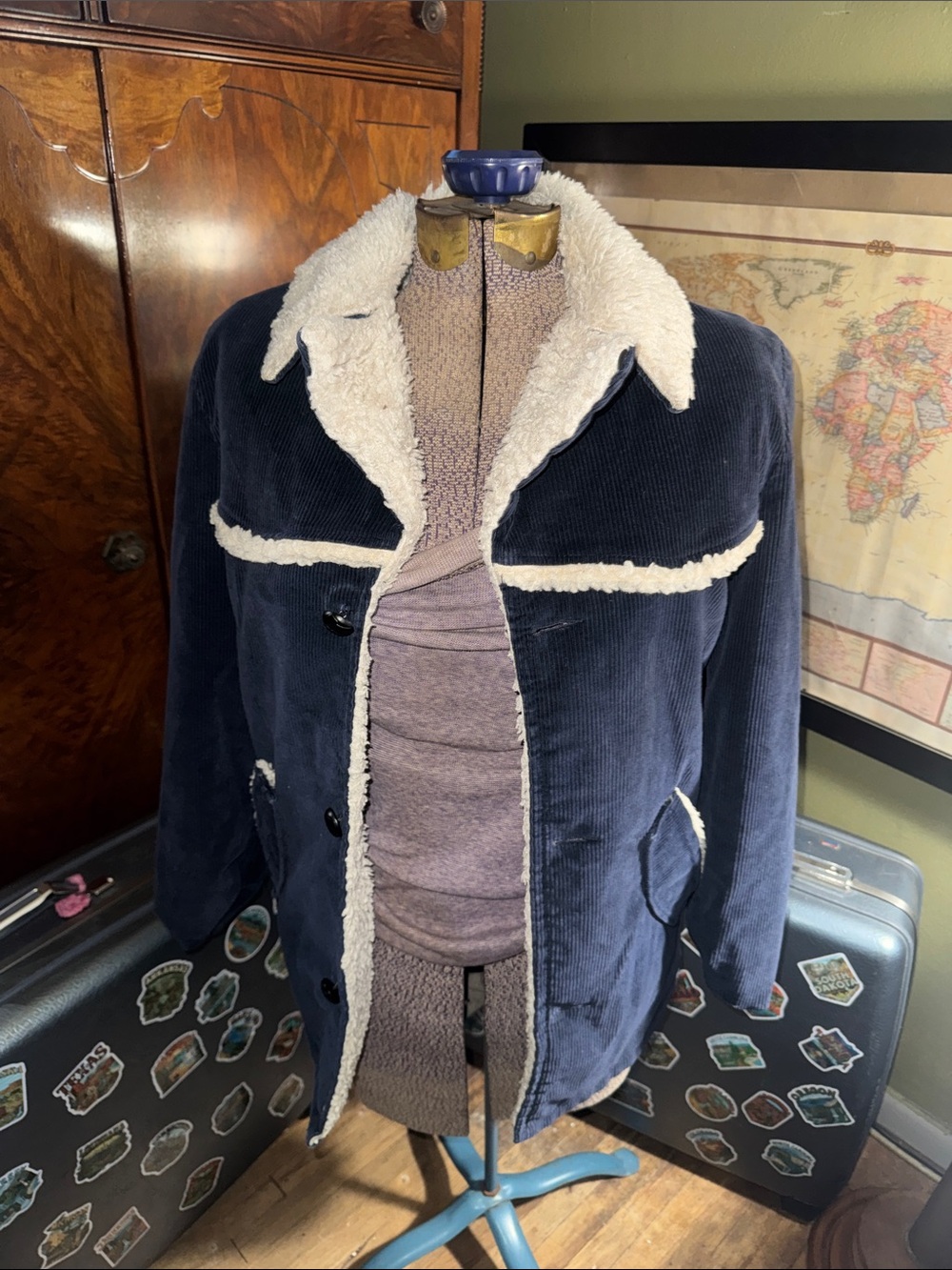 Vintage 70s JC Penney Sherpa-Lined Corduroy Rancher Coat – Navy – XL